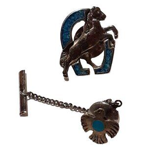 2 silver, silver tone, & turquoise colored, tac pin and tie tac